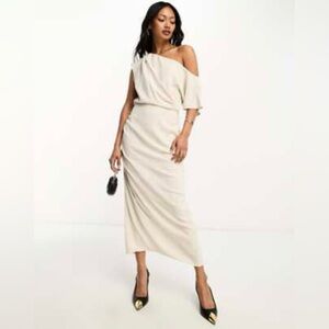 ASOS Design Linen Fallen Shoulder Ruched Midi Dress Oatmeal